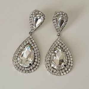 Silver Tone Earrings Crystal Double Tear Drop Earrings #0019